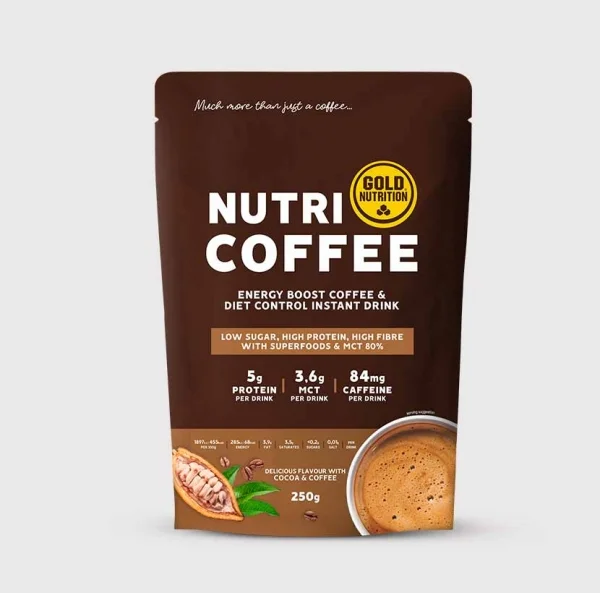 Cafea functionala Nutri Coffee, GoldNutrition, 250g-<p>Nutri Coffee este o băutură pe bază de cafea, cacao, MCT (trigliceride cu lanț mediu), aminoacizi, fibre și superalimente, concepută pentru a-ți oferi un impuls de energie și concentrare în fiecare zi!</p>