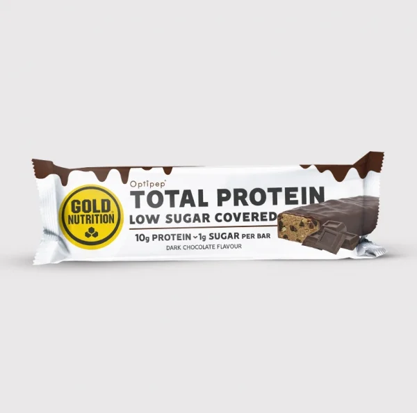 Baton proteic cu ciocolata neagra Total Protein Bar Low Sugar, GoldNutrition, 30 g-<p>Baton proteic cu glazură de ciocolată cu un conținut redus de zahăr.</p>